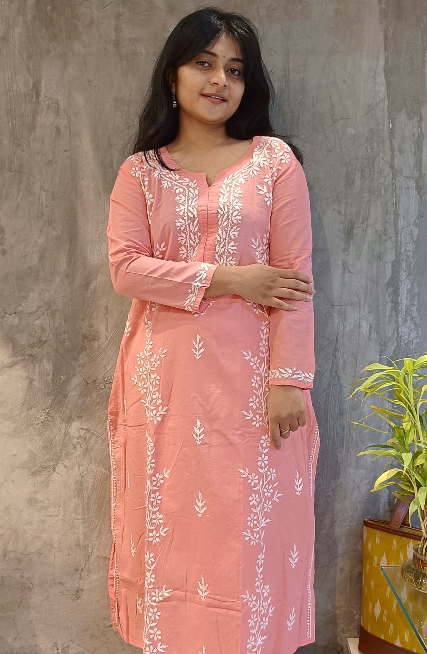 Peach Long Cotton Chikankari Kurti