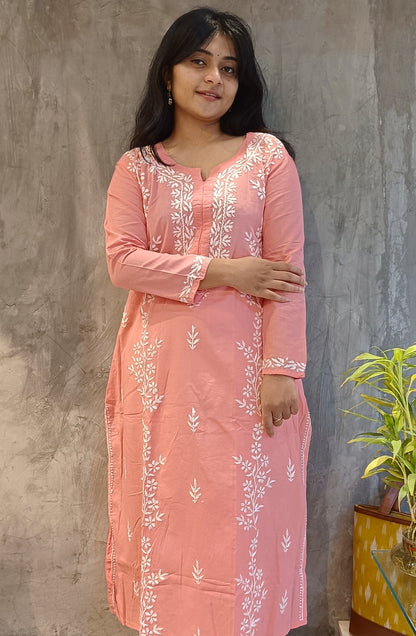 Peach Long Cotton Chikankari Kurti