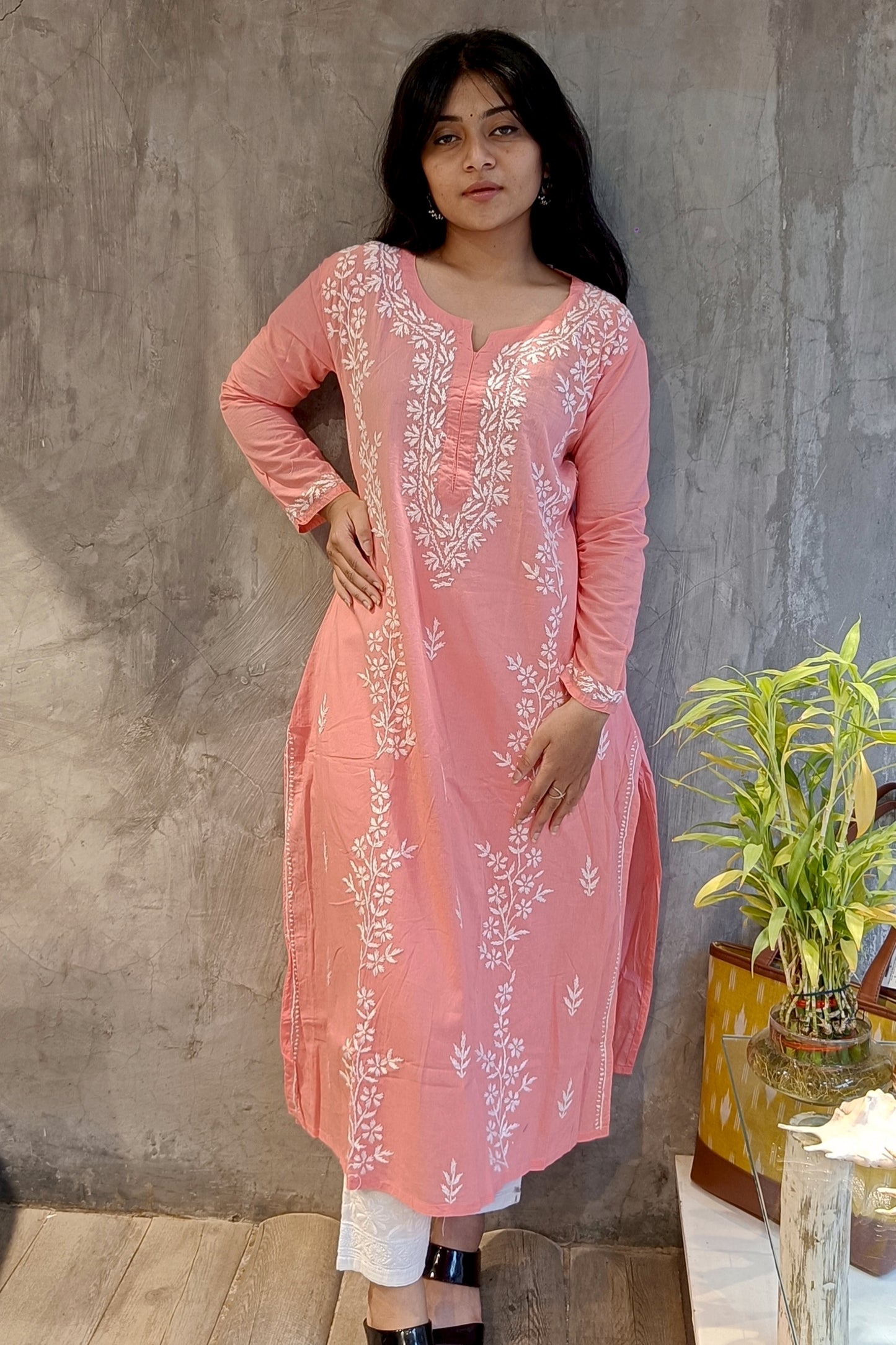 Peach Long Cotton Chikankari Kurti