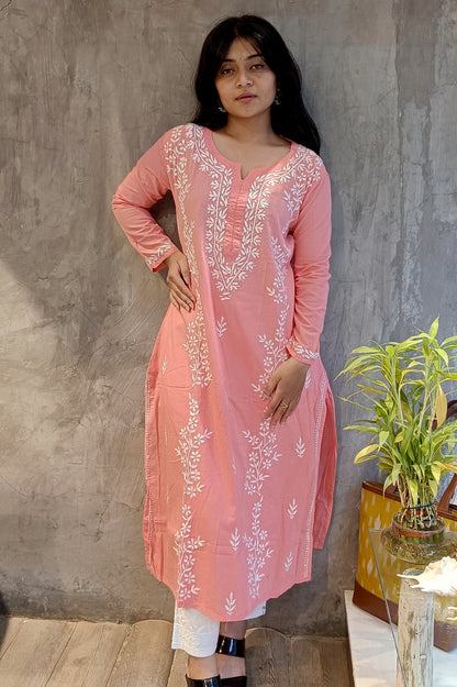 Peach Long Cotton Chikankari Kurti