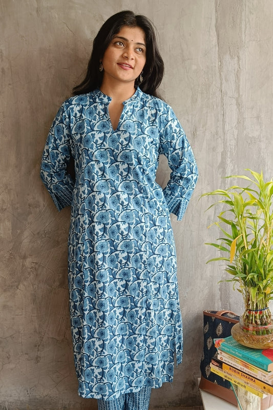 "Full-length image of Loomkar Indigo Floral Handloom Co-ord Set ideal for office or casual wear."