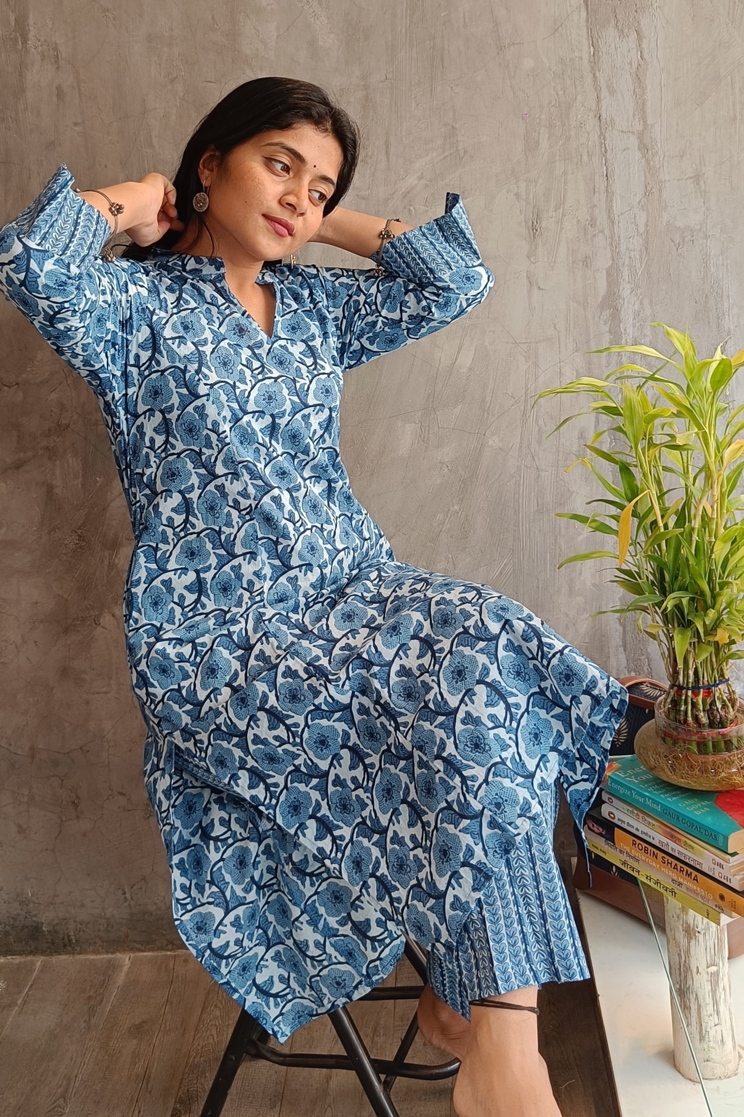 "Side view of woman wearing Loomkar Indigo Floral Handloom Co-ord Set ideal for office or casual wear." 