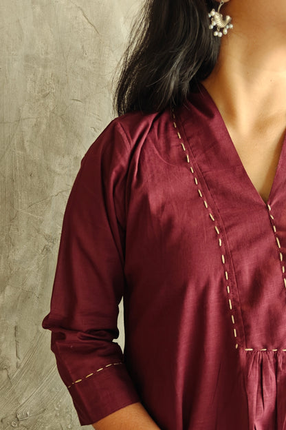 Close-up of Deep Wine Cotton Suit Set showing neckline and embroidery details.