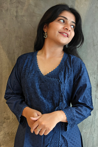 "Detail shot of Navy Blue A-Line Chikankari kurta hand-embroidered ethnic wear by Loomkar Raipur."