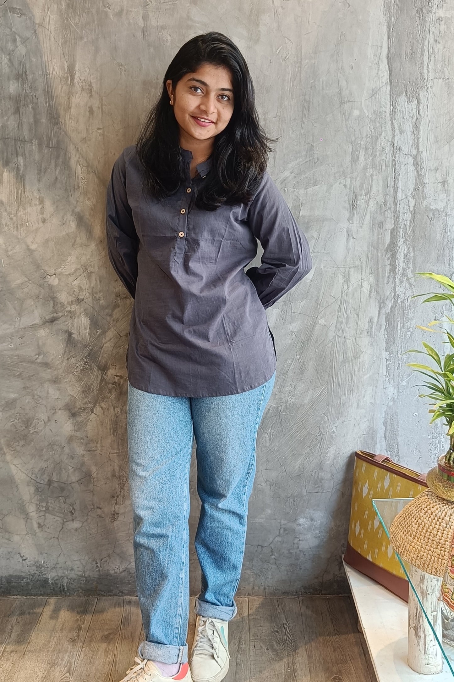 Grey Blue Cotton Short Top