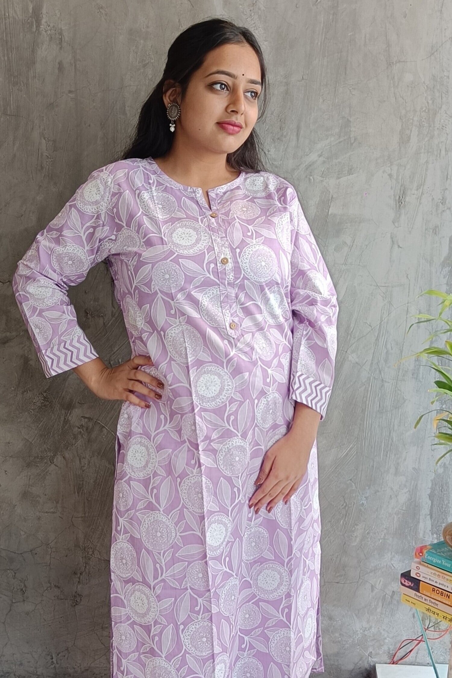 "Side view of woman wearing Loomkar lavender white floral handloom cotton co-ord set ideal for office or casual wear."