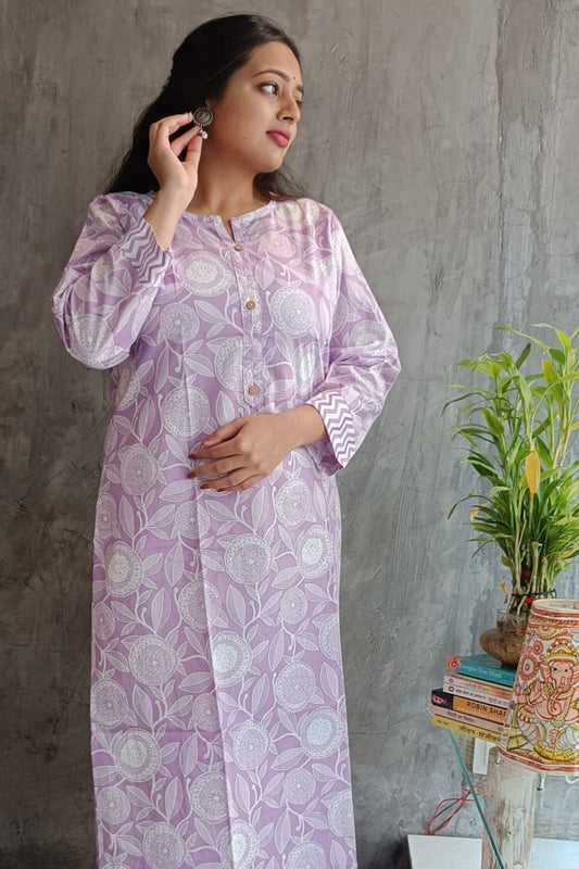"Front view of Loomkar lavender white floral handloom cotton co-ord set with straight-fit kurti and printed pants."