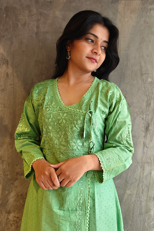 "Front view of light Green A-Line Chikankari Kurta - hand-embroidered ethnic wear by Loomkar."
