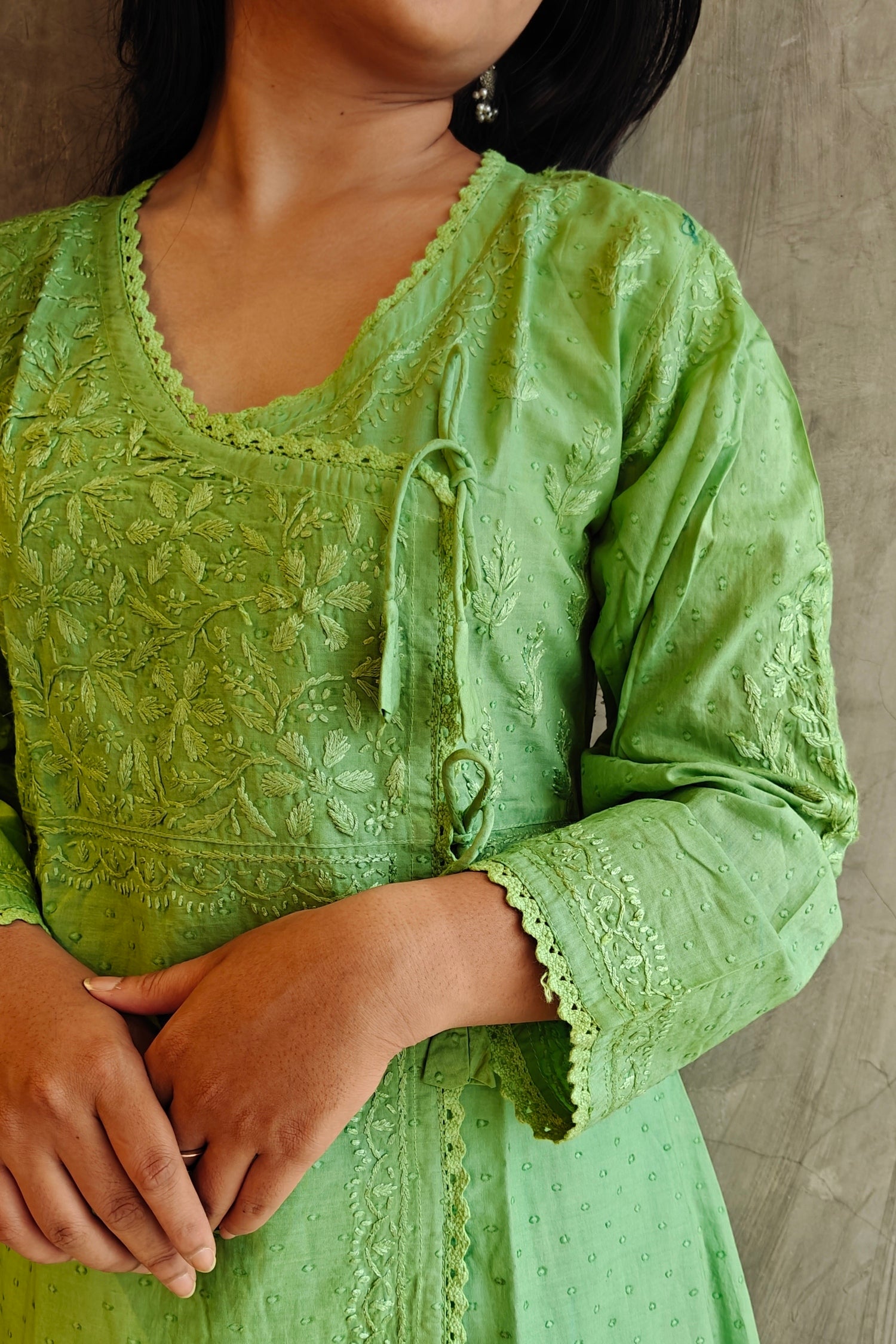 "Close-up of Chikankari embroidery on Light green A-Line Kurta from Loomkar Raipur. "