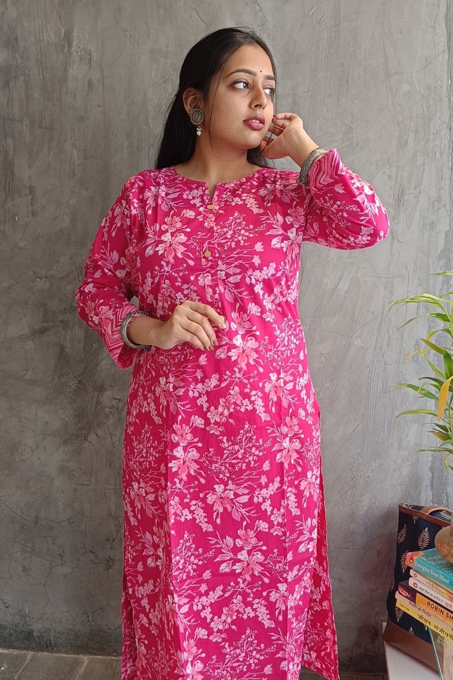 "Front view of Loomkar bright pink floral handloom cotton co-ord set with straight - fit kurti and printed pants."