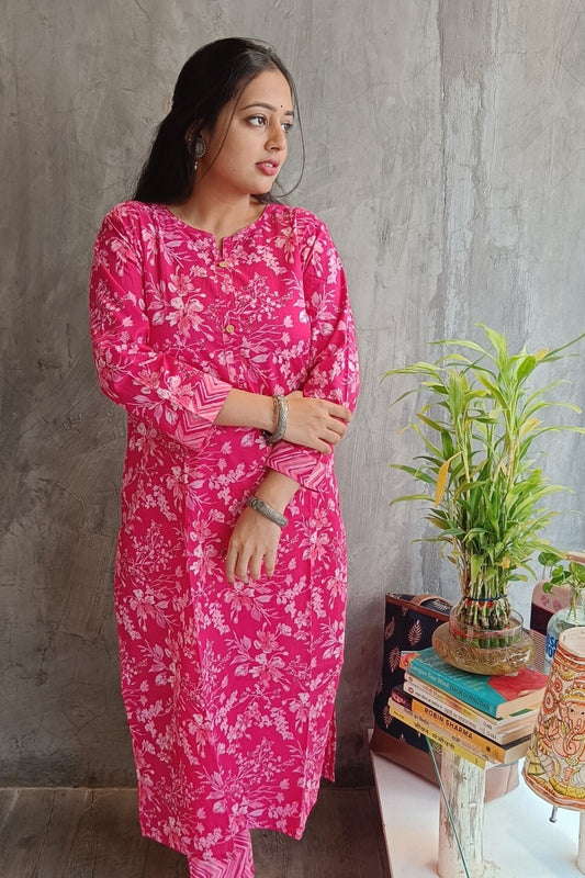 "Full-length image of Loomkar bright pink floral handloom co-ord set showing breathable cotton fabric. "