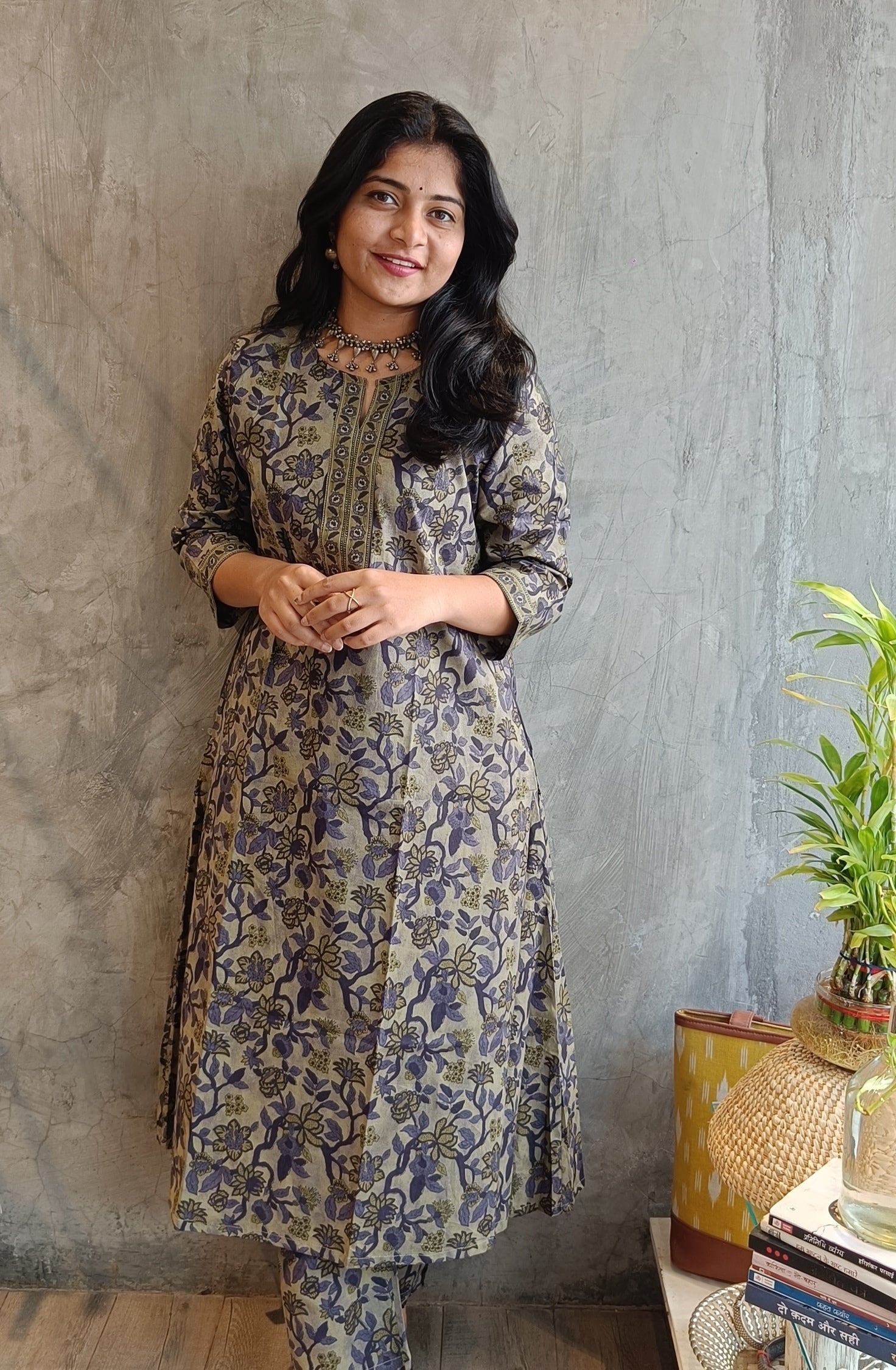 "Full-length image of Loomkar purple green Vanaspati co-ord set highlighting breathable handloom cotton and elegant ethnic design."