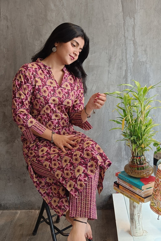 "Front view of Loomkar Wine-Pink Floral Premium Cotton Co-ord Set - Kurti with printed pants."