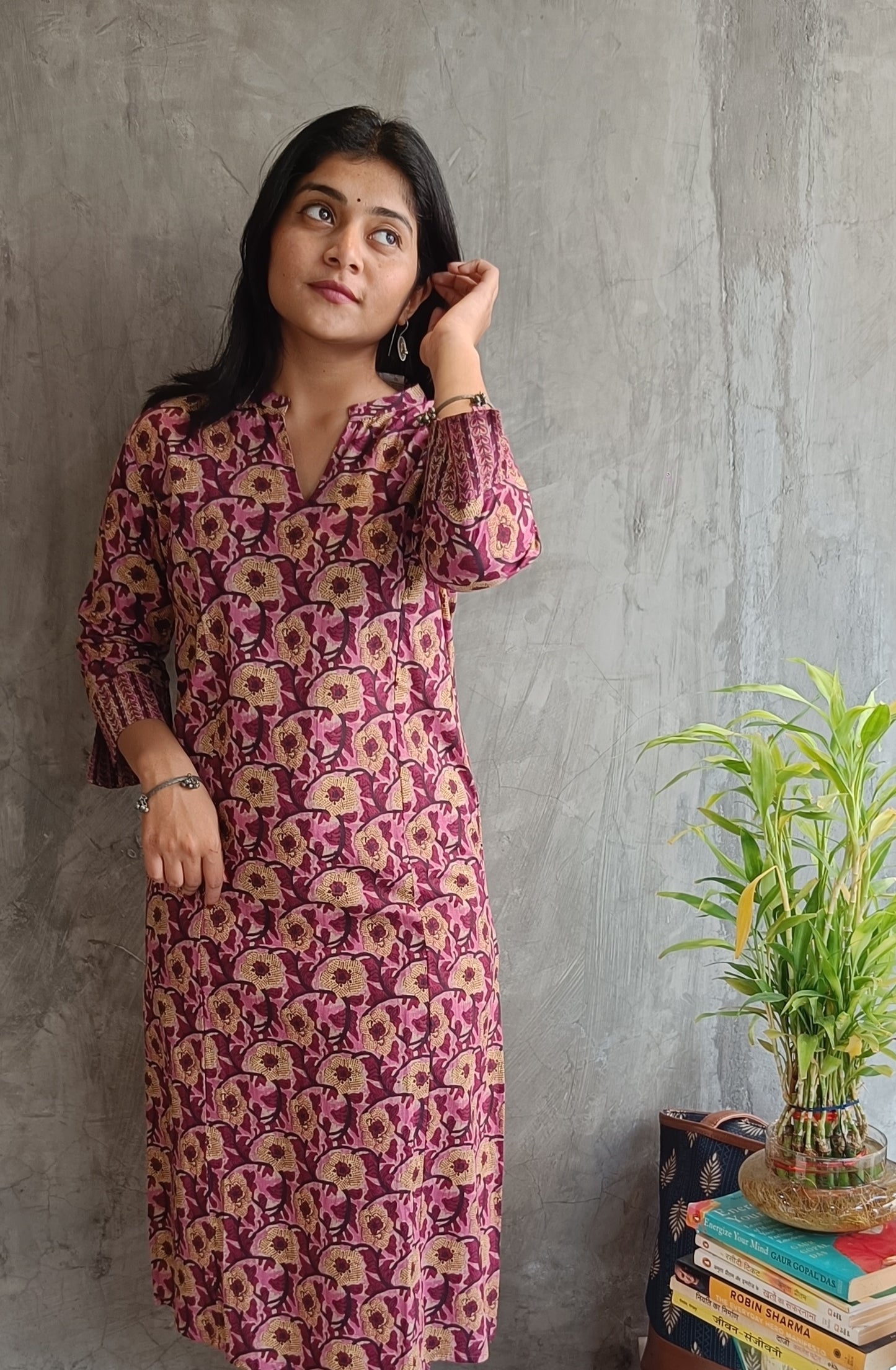 "Full-length image of Loomkar Wine-Pink Floral Handloom Cotton Co-ord Set Showing breathable fabric."